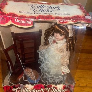 Fine Bisque Porcelain Doll with Cat- Unopened still sealed.